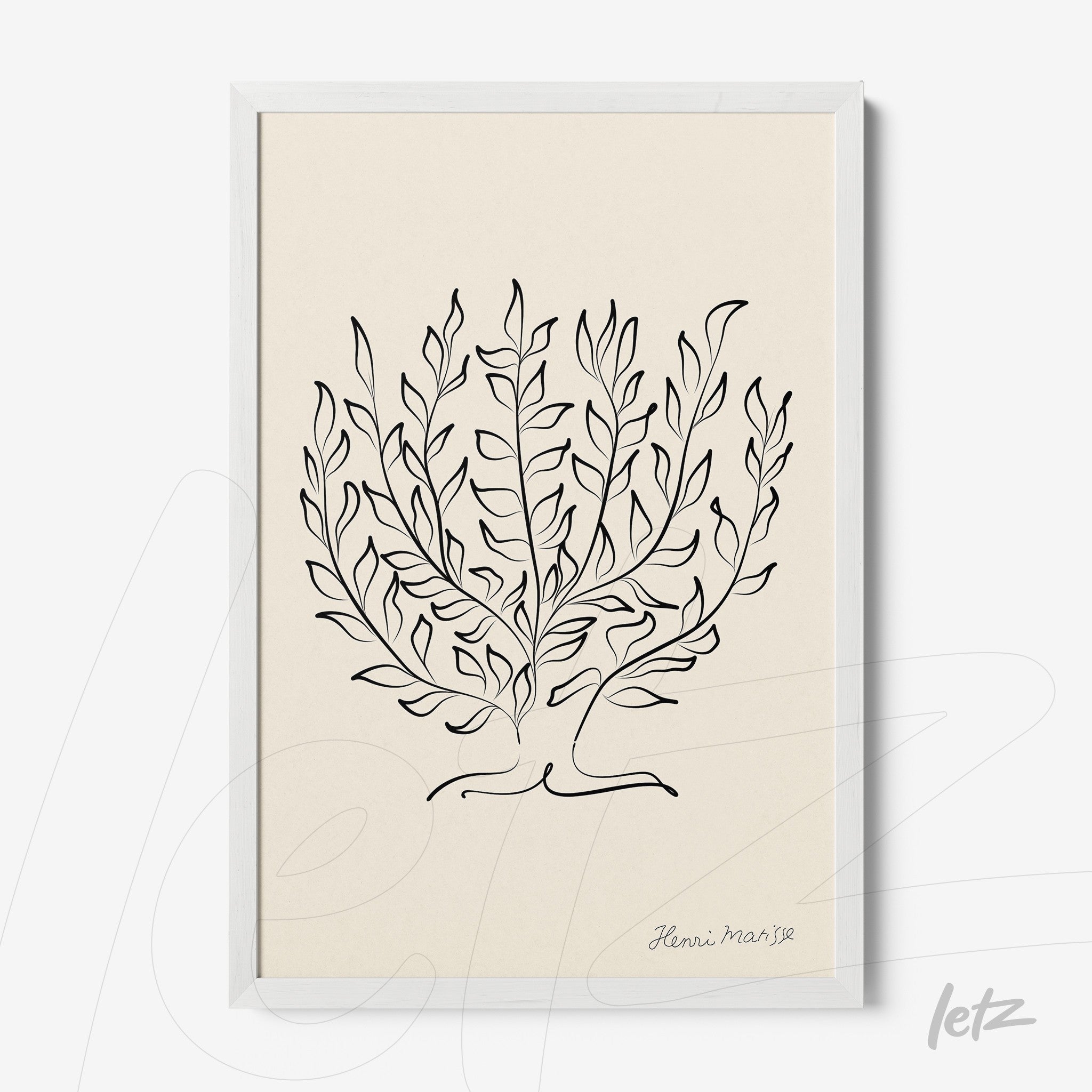 framed wall art featuring a minimalist illustration of plants with white frame