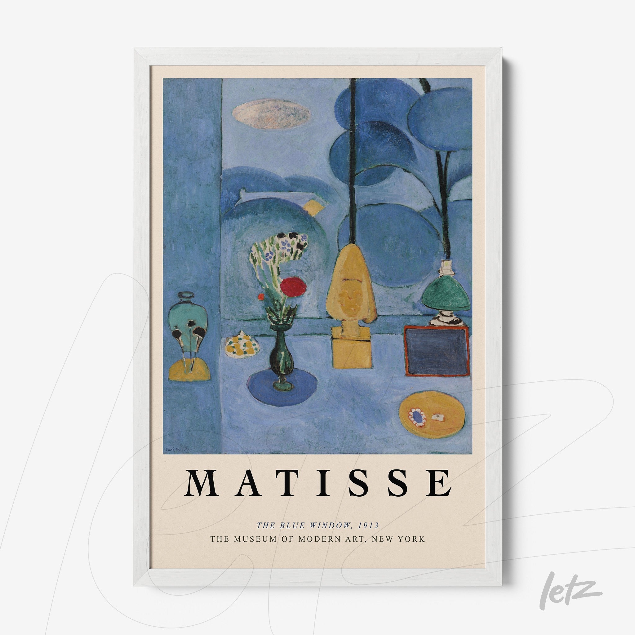 decorative framed art by Matisse titled 'The Blue Window' from 1913 in white frame