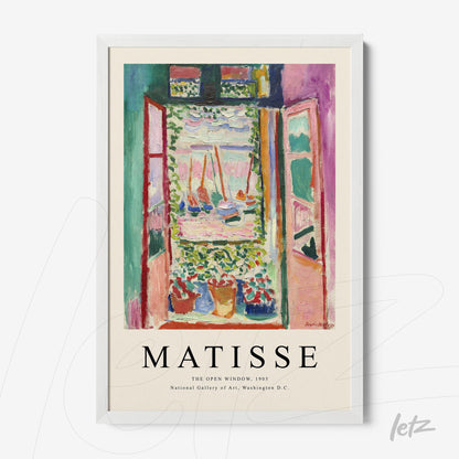 framed artwork by Henri Matisse titled The Open Window showcasing open windows with a view of a colorful garden in vibrant hues