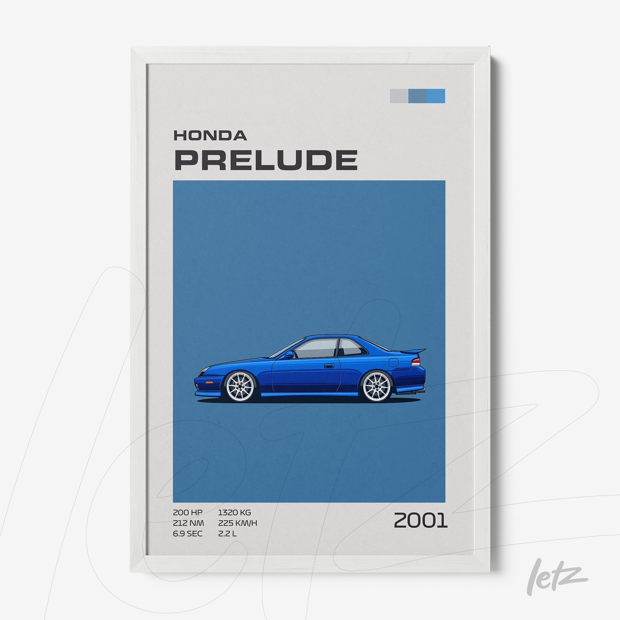 framed artwork of the 2001 Honda Prelude in blue against a blue background with a white frame