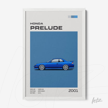framed artwork of the 2001 Honda Prelude in blue against a blue background with a white frame