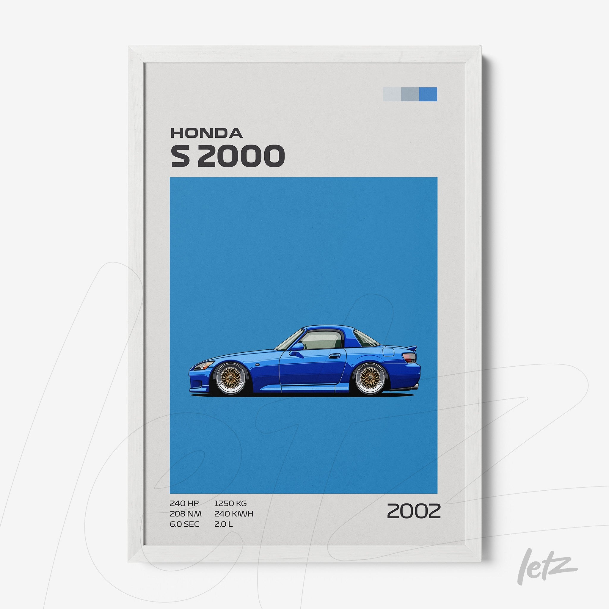 framed artwork of Honda S2000 car illustration on vibrant blue background with white frame