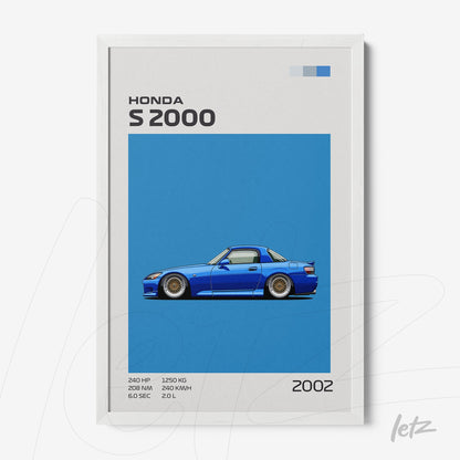 framed artwork of Honda S2000 car illustration on vibrant blue background with white frame