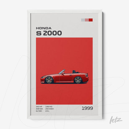 framed artwork featuring a stylized illustration of the Honda S2000 on a vibrant red background with a white frame