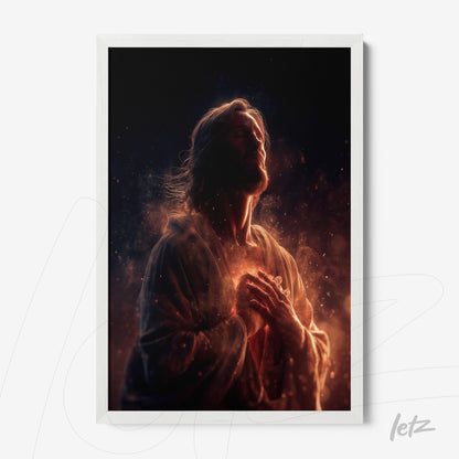 framed wall art of Jesus in a serene pose with glowing heart against a dark background