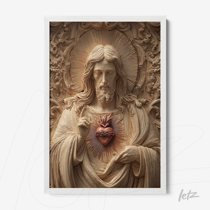 framed wall art featuring a bas-relief of Jesus holding a sacred heart with intricate background details