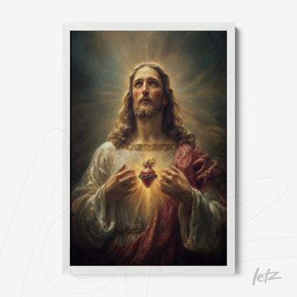 framed art of jesus christ with a radiant heart in white frame