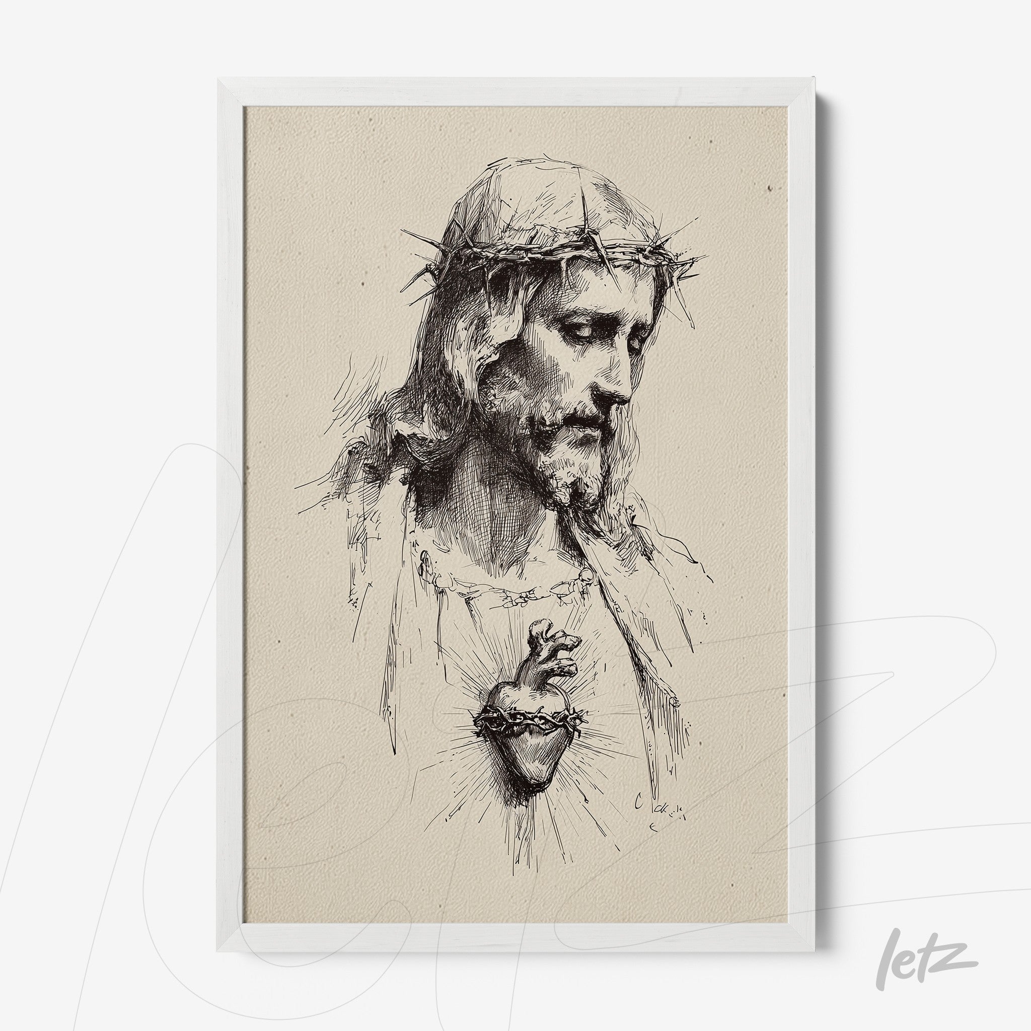 framed artwork of a vintage style illustration of Jesus Christ with a white frame