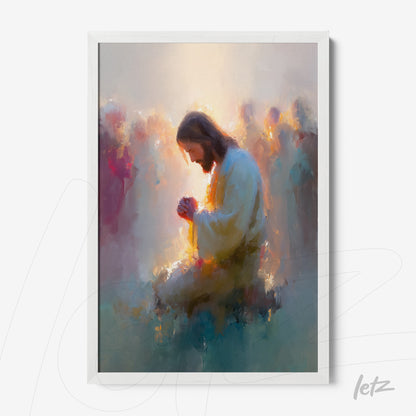framed artwork depicting Jesus in prayer with an ethereal background and soft hues