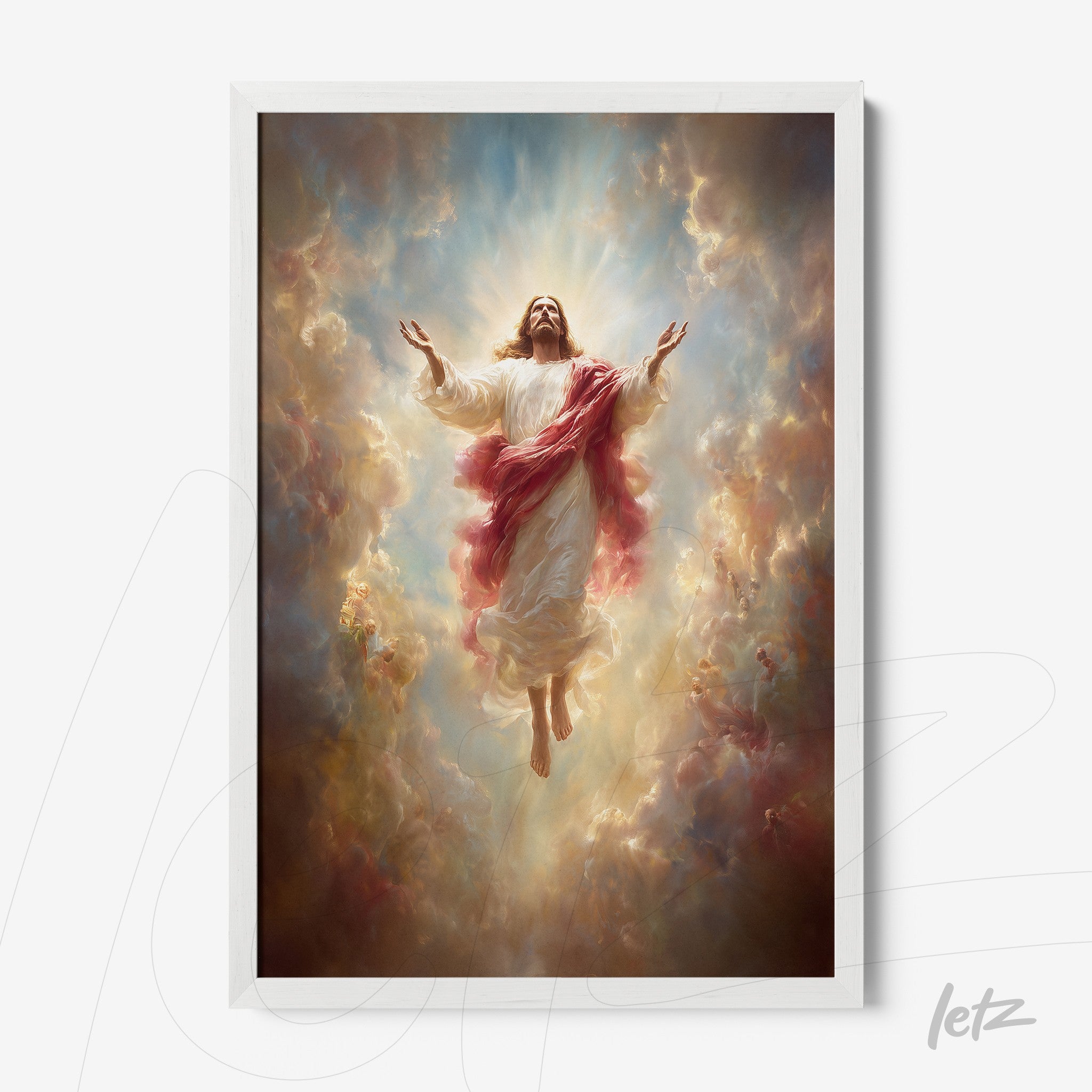 framed wall art of ascending Jesus surrounded by clouds