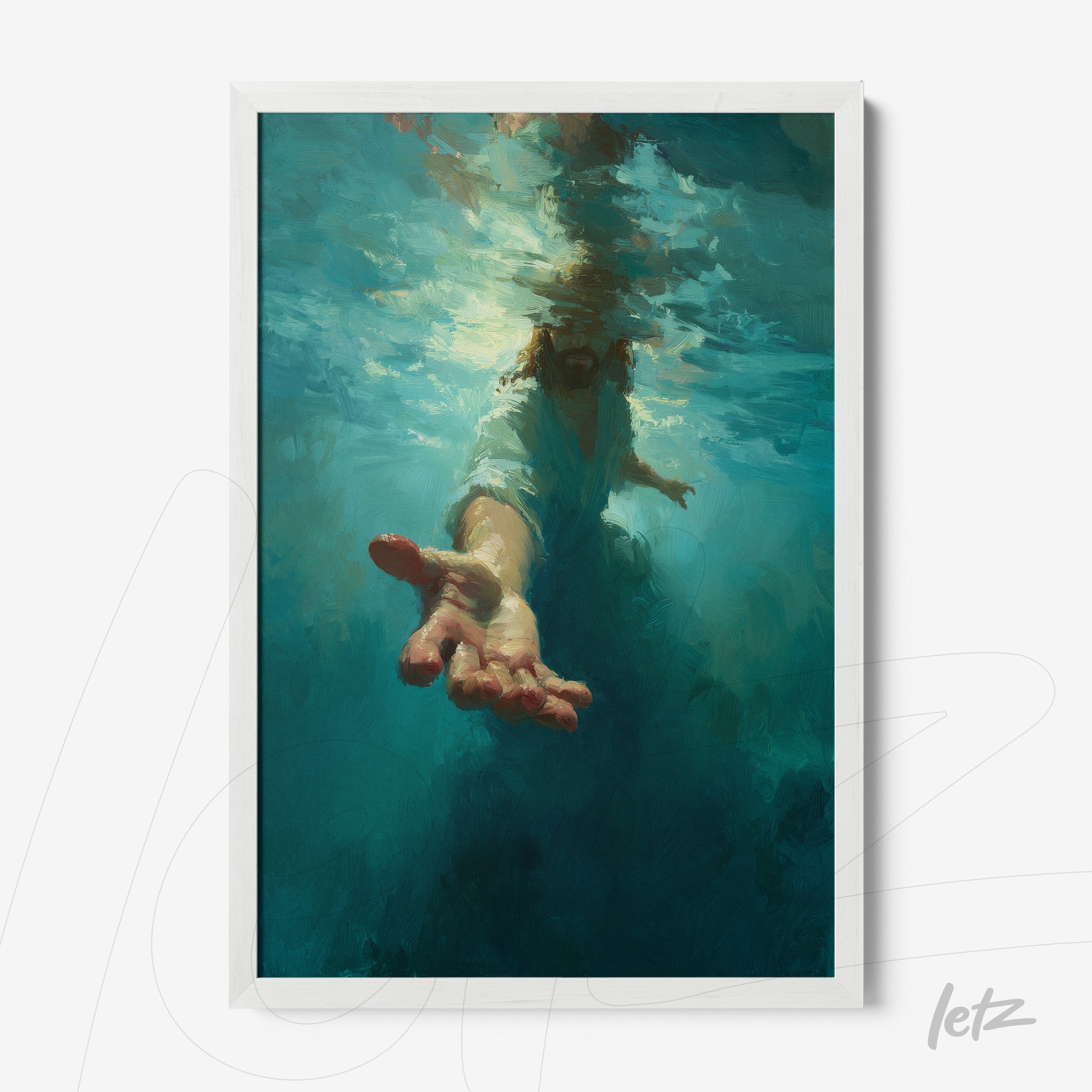 framed art featuring an impressionist depiction of an extended hand in an underwater blue background