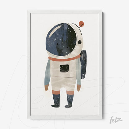 framed illustration of a colorful astronaut character with a starry background