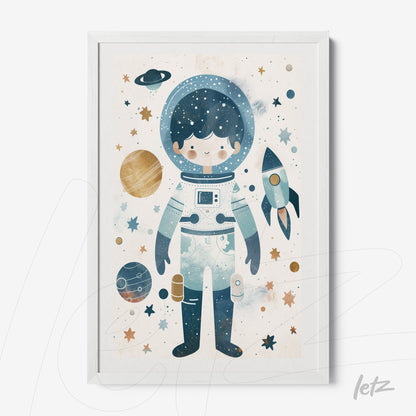 framed children's illustration of an astronaut surrounded by planets and stars in a cosmic background