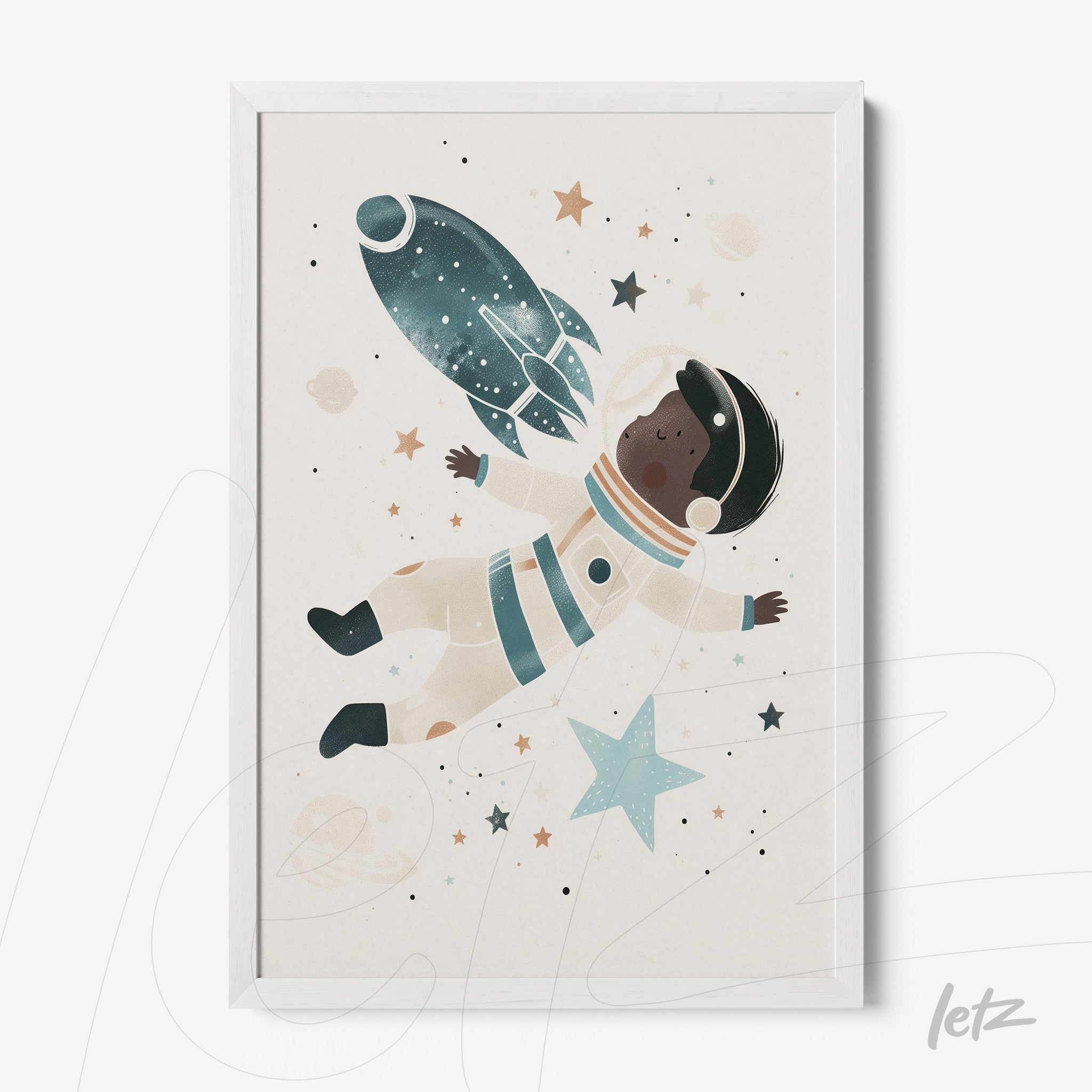 children's wall art of a black astronaut floating in space surrounded by stars and a rocket, in a white frame