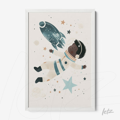 children's wall art of a black astronaut floating in space surrounded by stars and a rocket, in a white frame