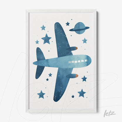 framed watercolor illustration of a blue airplane against a light background featuring stars and planet Saturn