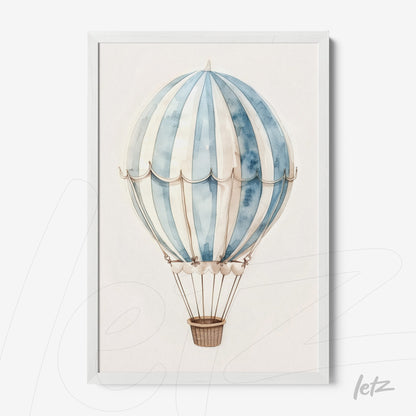 framed watercolor illustration of a hot air balloon with blue and white stripes