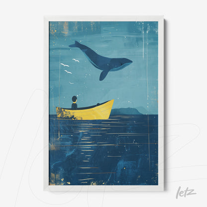 framed artwork featuring a whimsical illustration of a person in a yellow boat watching a whale leap against a blue marine background