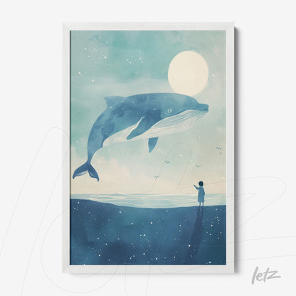 framed wall art featuring a majestic blue whale floating above a nighttime landscape with a child silhouette