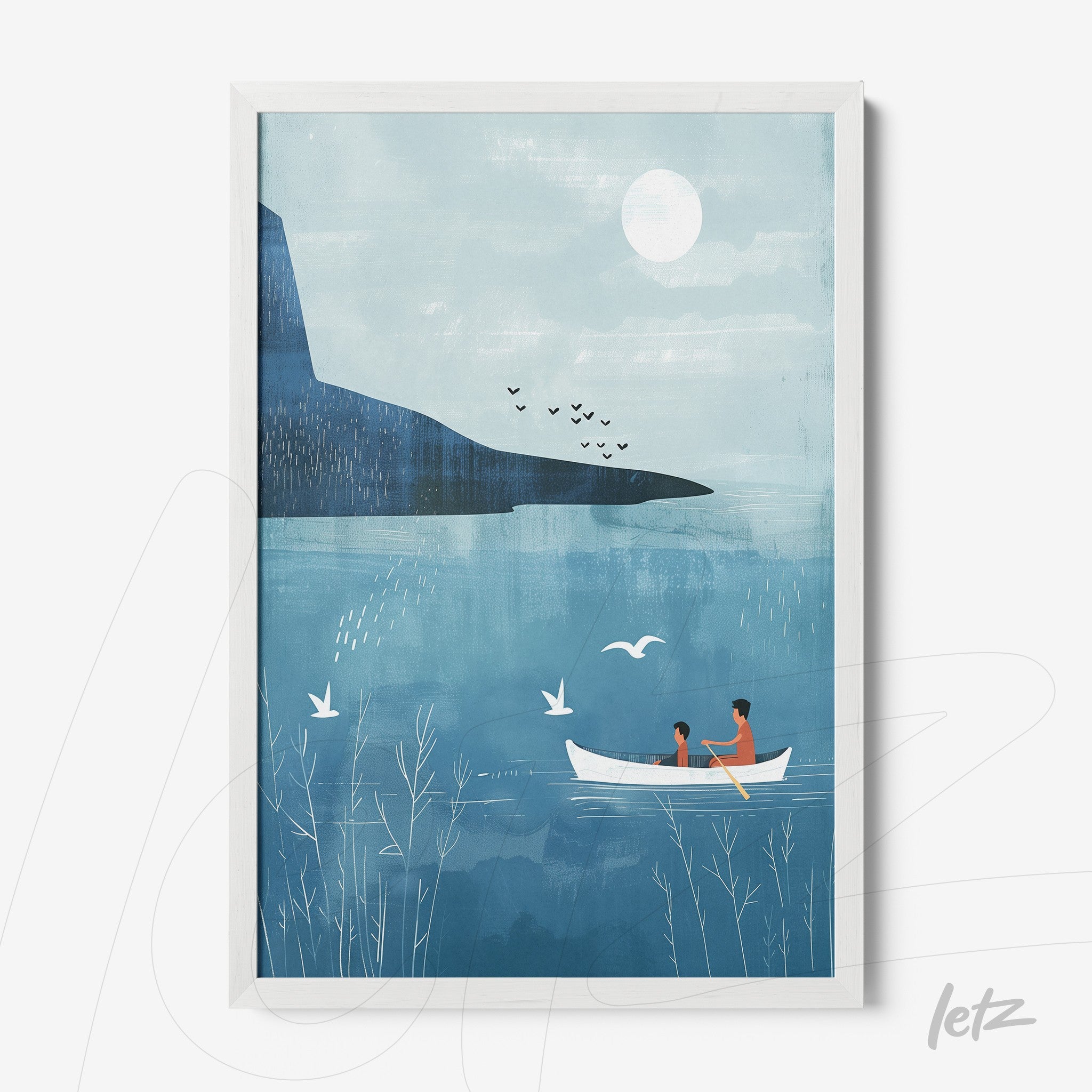 framed artwork featuring a minimalist illustration of people in a boat on a blue lake with a mountain in the background and birds flying