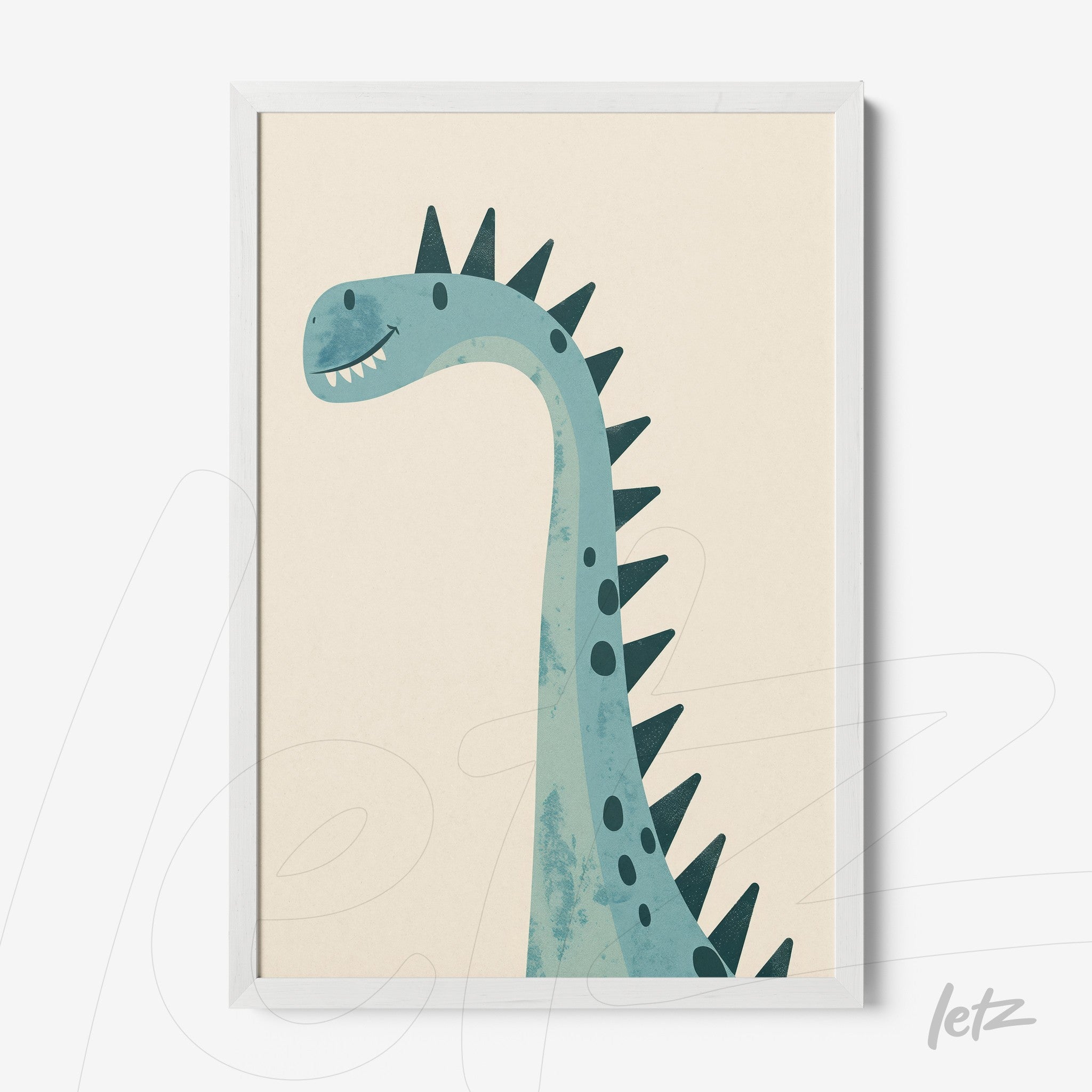 framed art of a dinosaur in shades of blue and green with white frame