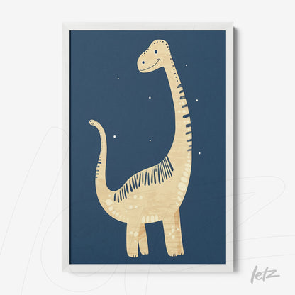framed artwork featuring dinosaurs on dark blue background with white frame