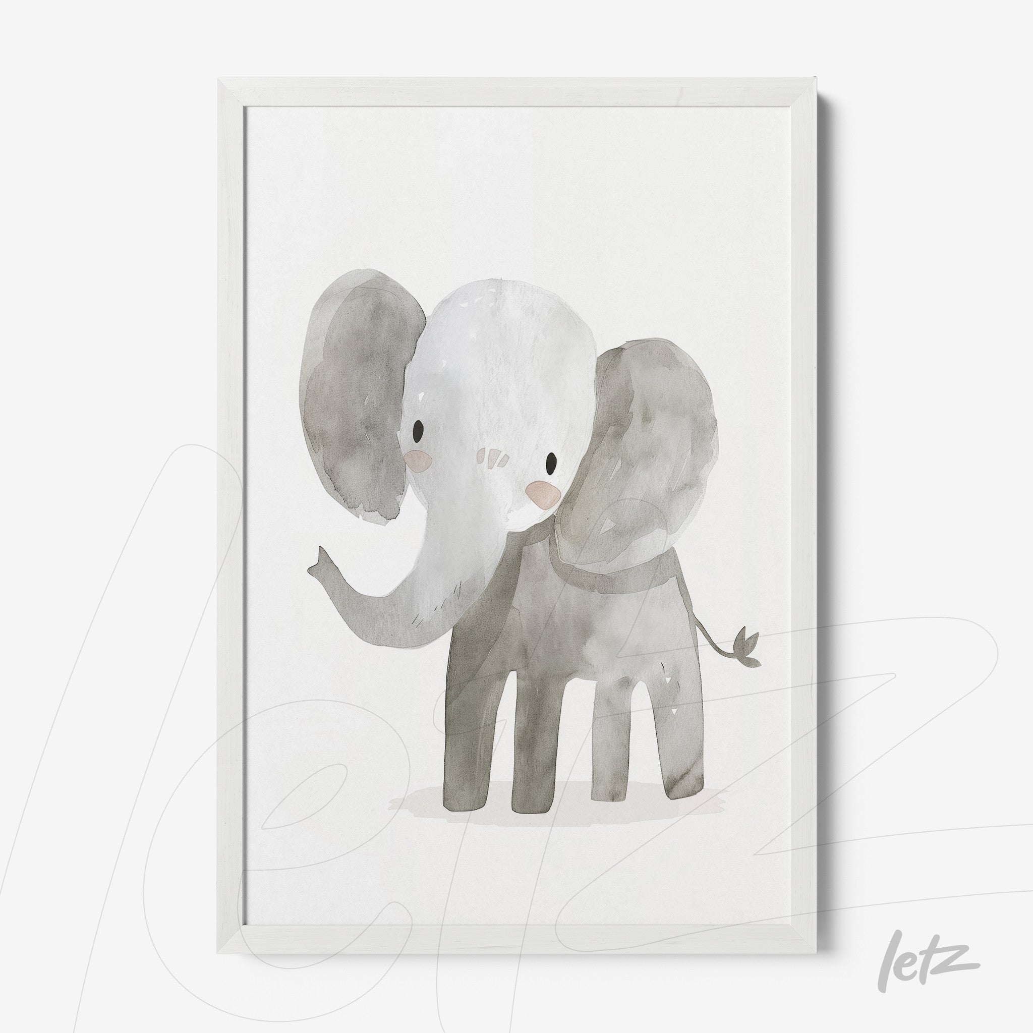 framed watercolor illustration of an elephant with white frame