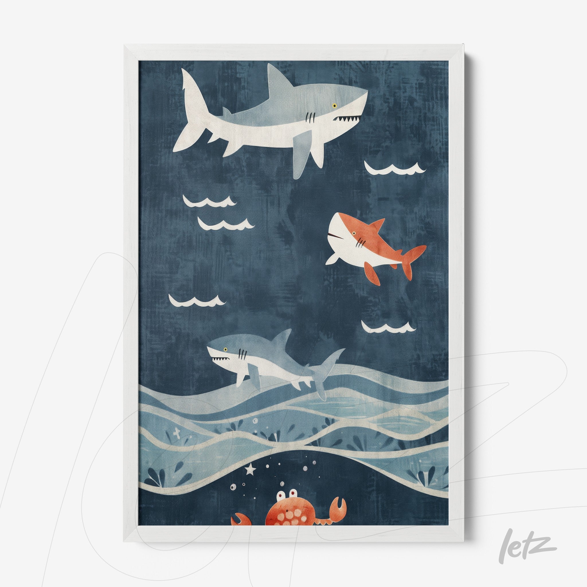 framed wall art featuring playful sharks swimming in a blue background with white frame