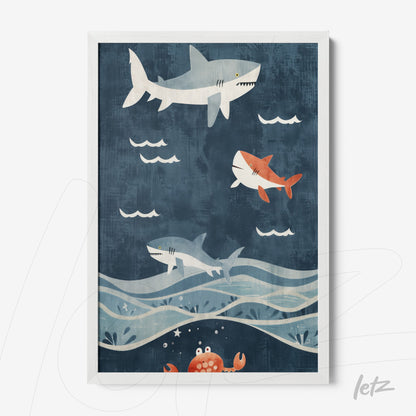 framed wall art featuring playful sharks swimming in a blue background with white frame
