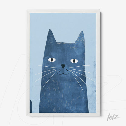 framed artwork featuring a blue cat illustration on light background with white frame