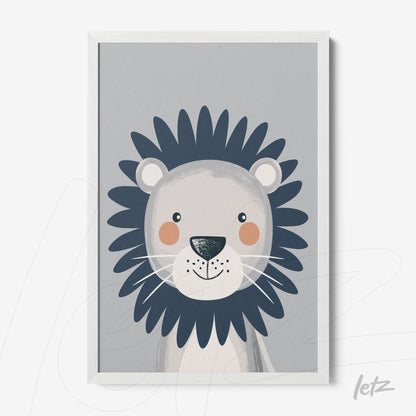 framed artwork featuring a cute lion illustration on a gray background with a white border