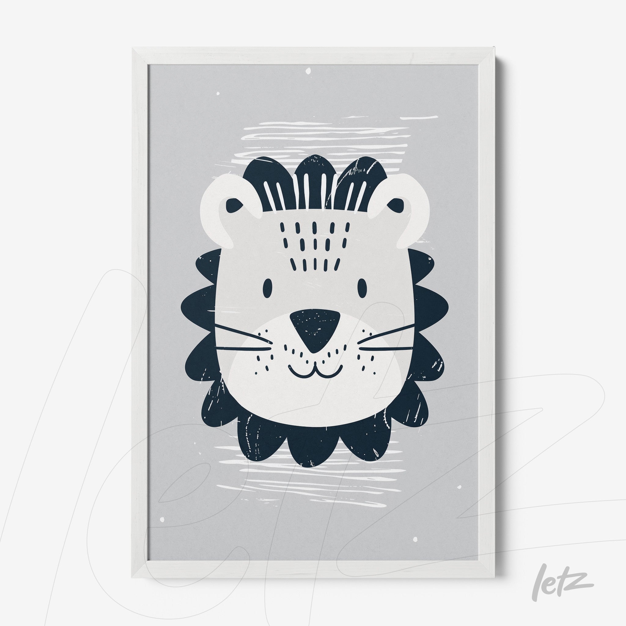 framed art featuring a children's illustration of a lion with a gray background and white frame