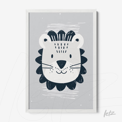 framed art featuring a children's illustration of a lion with a gray background and white frame