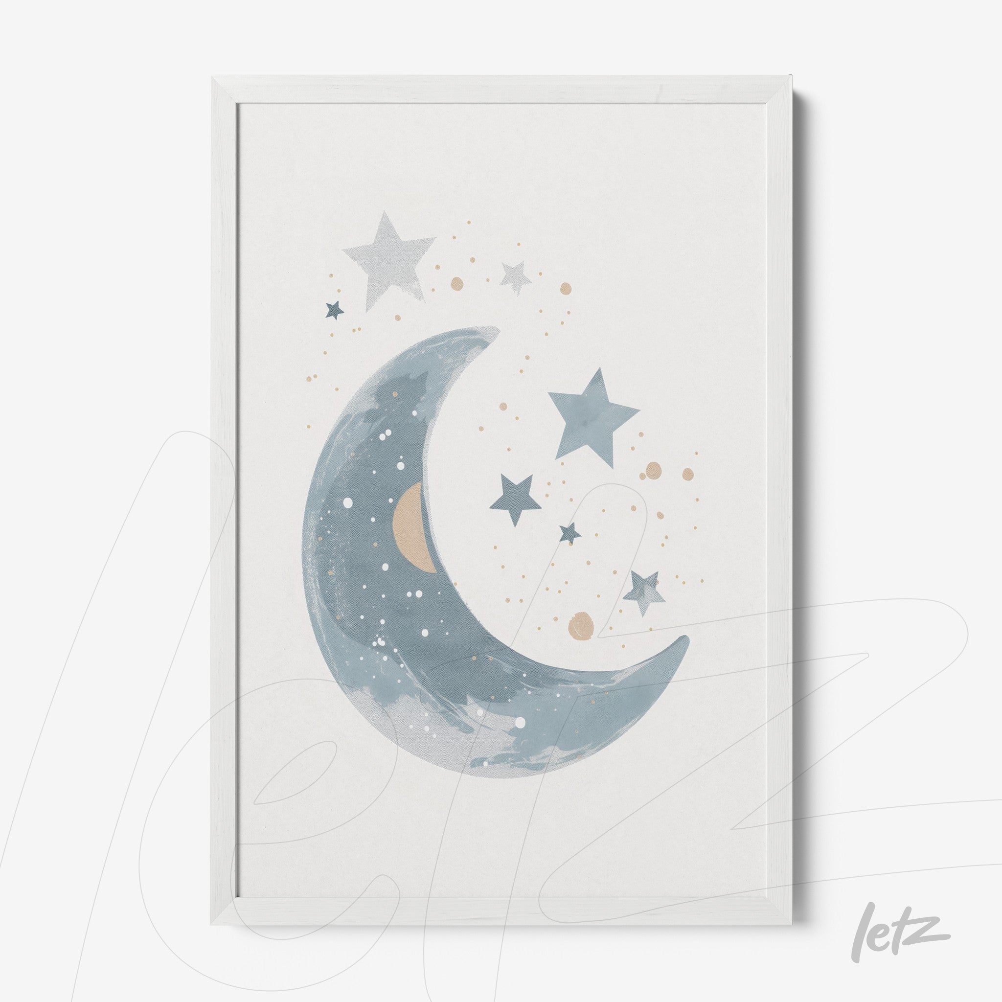 framed wall art featuring a blue moon illustration surrounded by stars