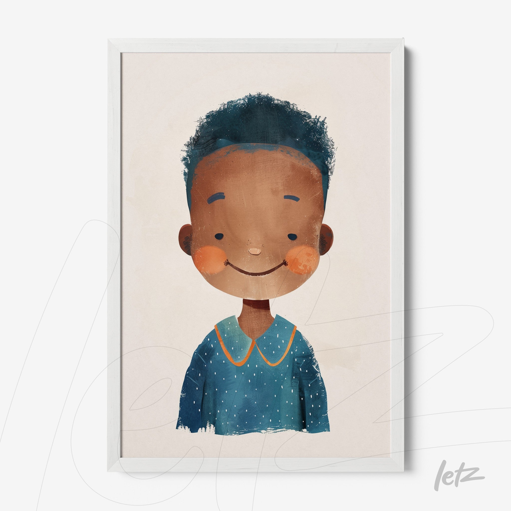 framed wall art of a smiling boy with curly hair and a blue shirt