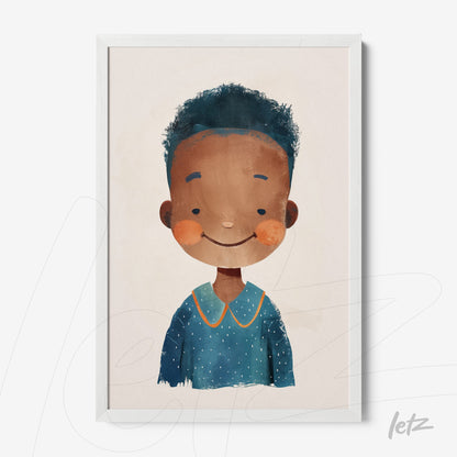 framed wall art of a smiling boy with curly hair and a blue shirt