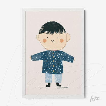 framed artwork featuring a smiling boy illustration wearing a blue coat and light pants