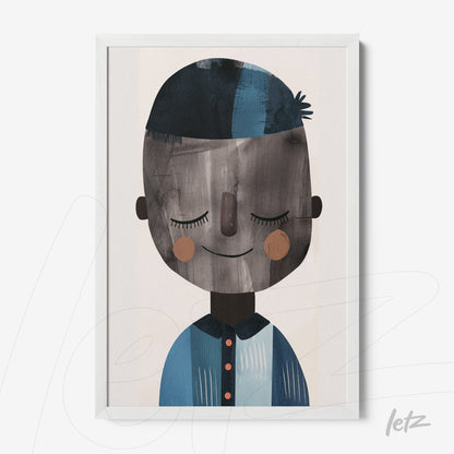 framed artwork of a smiling boy in shades of blue and brown with a white frame