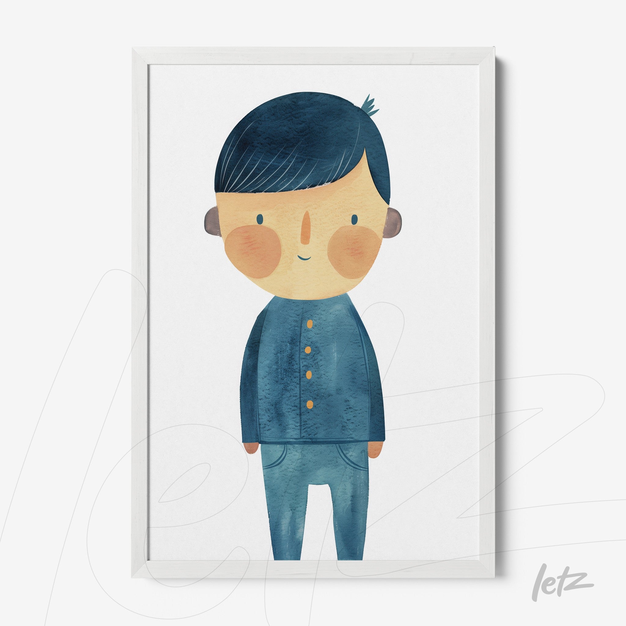 framed artwork featuring a colorful illustration of a boy with short hair wearing a blue shirt in white frame