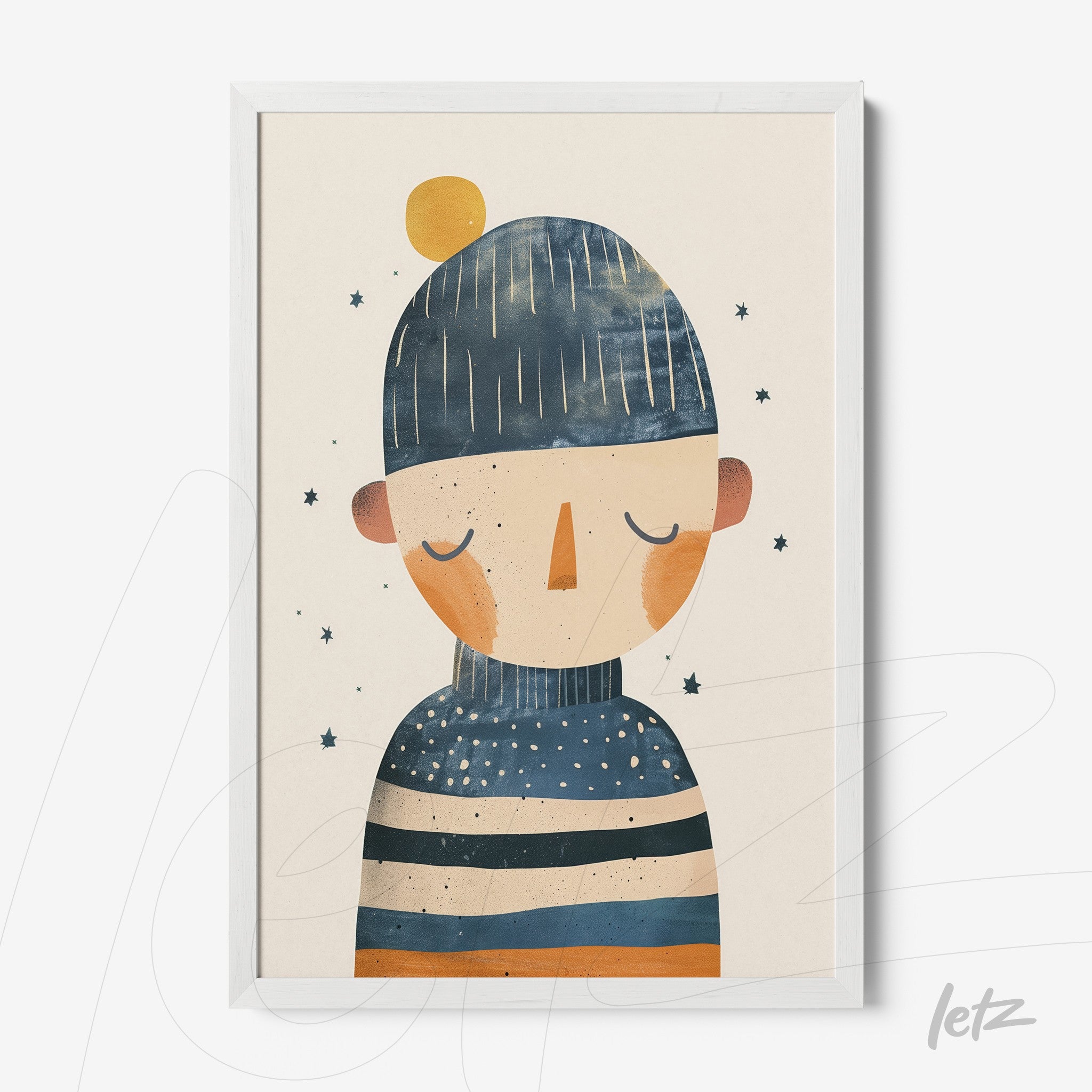 framed wall art featuring a colorful illustration of a figure wearing a hat with blue and orange details