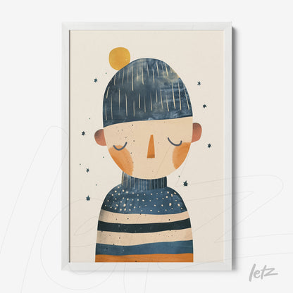 framed wall art featuring a colorful illustration of a figure wearing a hat with blue and orange details