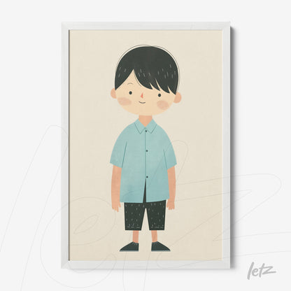 framed illustration of a boy wearing a blue shirt and dark pants with a white frame