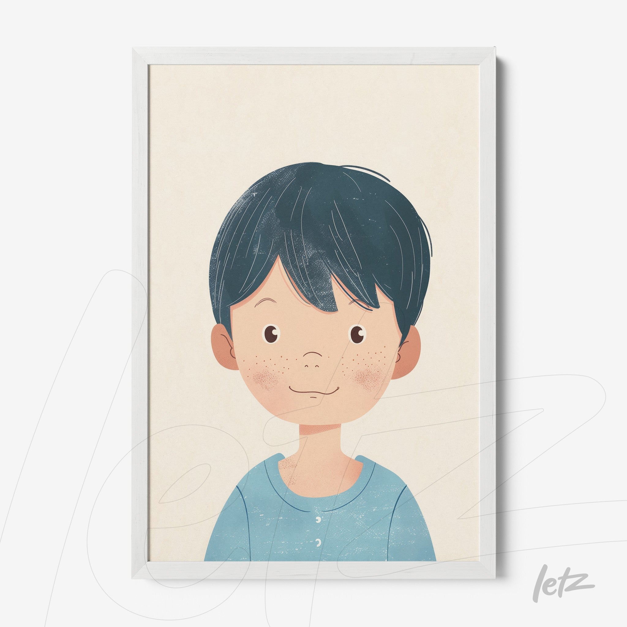 framed illustration of a smiling boy with dark hair and light skin