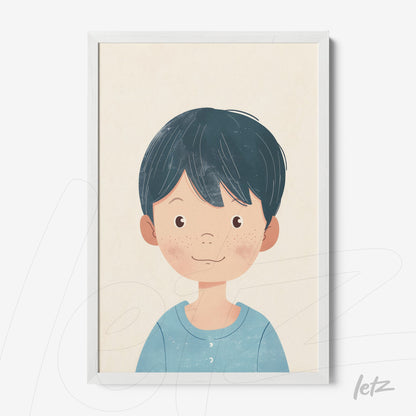 framed illustration of a smiling boy with dark hair and light skin