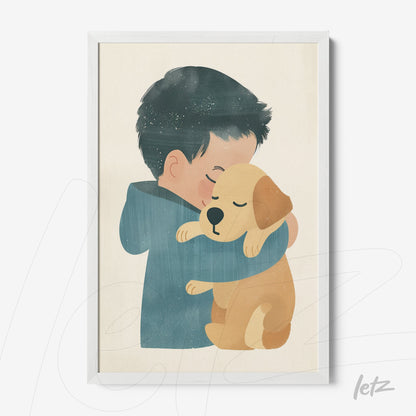 framed illustration of a boy hugging a dog with a white border