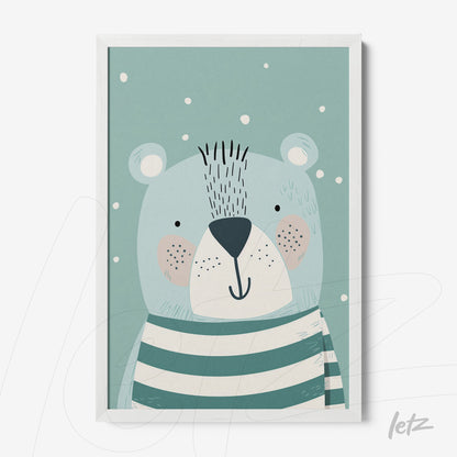 framed art print of a cute bear illustration on blue background with white frame