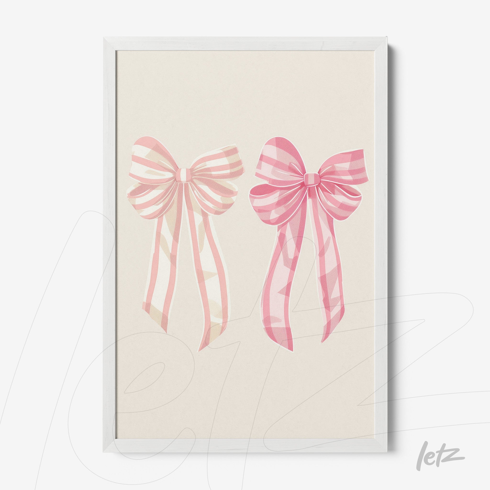 framed digital art featuring two gift bows in shades of pink with a white frame