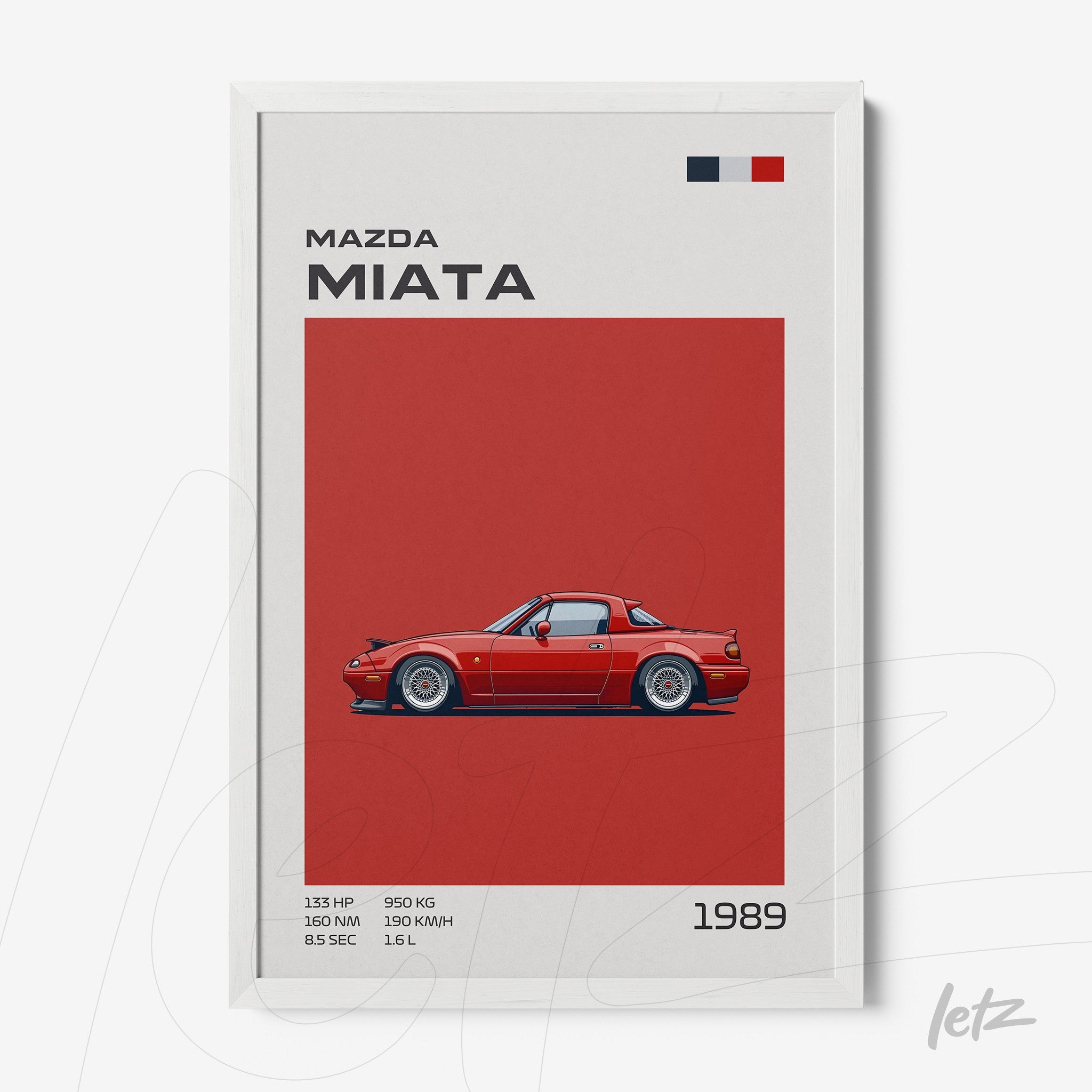 framed artwork featuring a red Mazda Miata illustration with white background