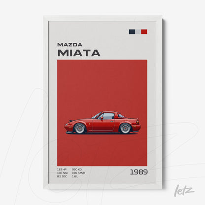 framed artwork featuring a red Mazda Miata illustration with white background