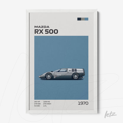 framed artwork featuring a minimalist illustration of the Mazda RX 500 in a white frame